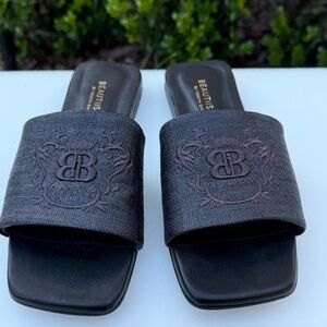 Beautisoles Black embroidered linen & leather slide sandals